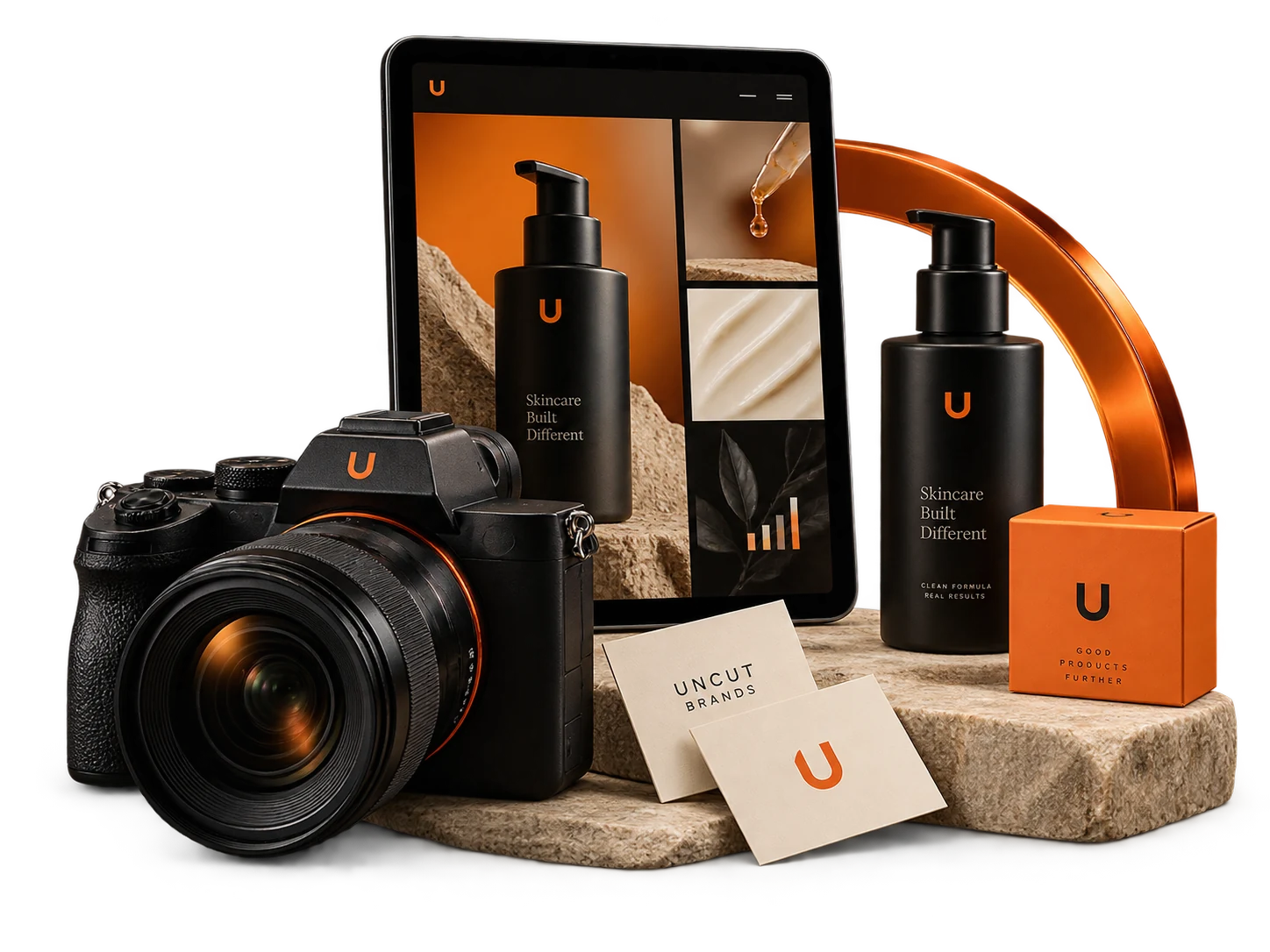 Illustrative product photography setup with a camera, tablet, packaging and brand swatches.