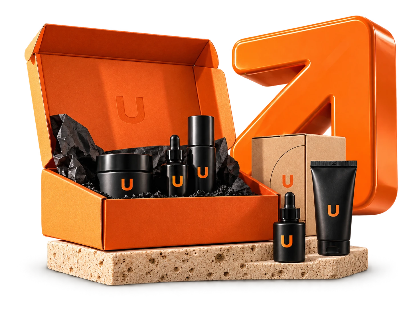 Orange presentation box, black product packaging and a rising brand arrow; illustrative packaging concept.
