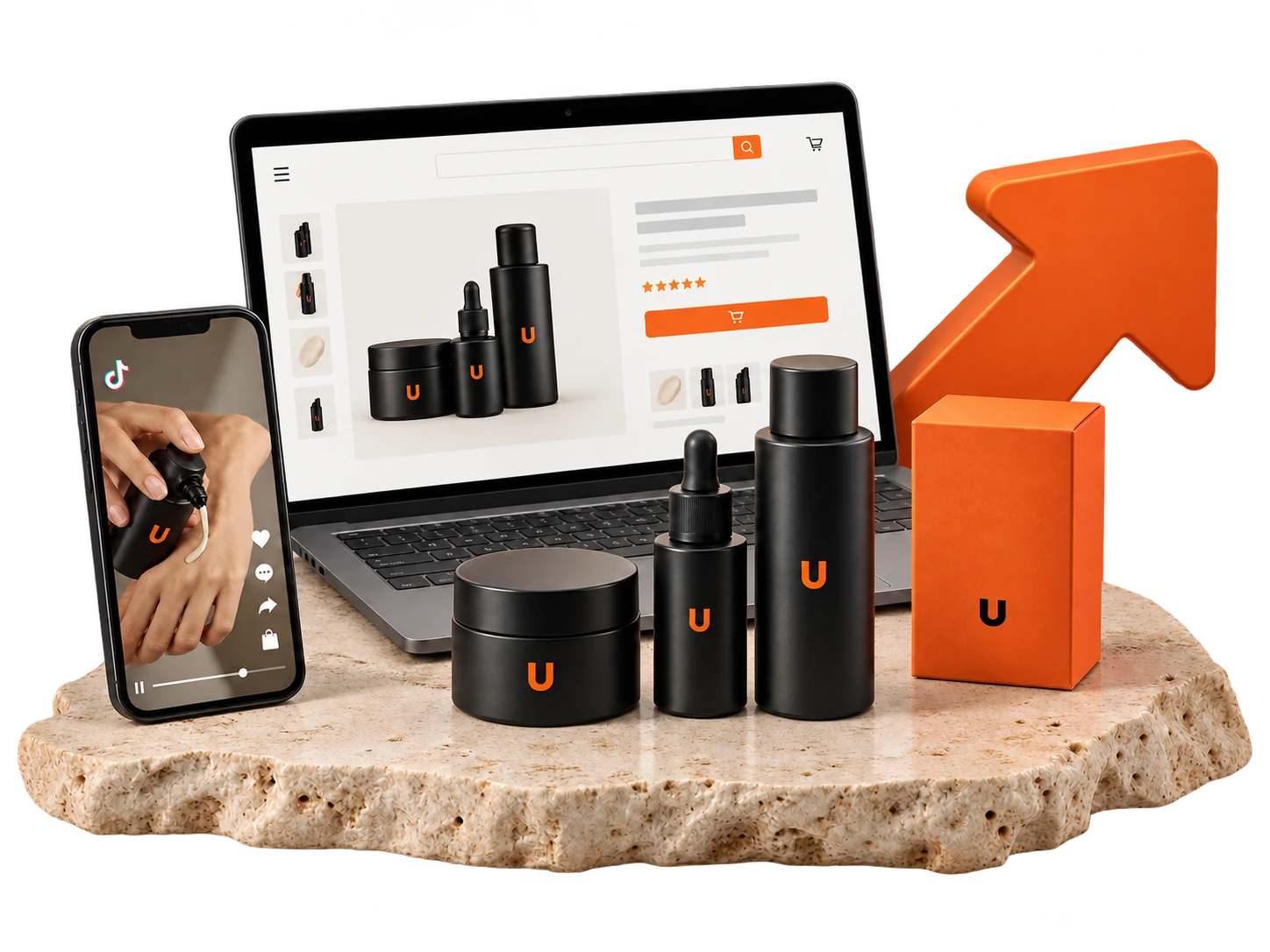 Illustrative Amazon storefront, TikTok product content and Uncut product packaging on a stone display.